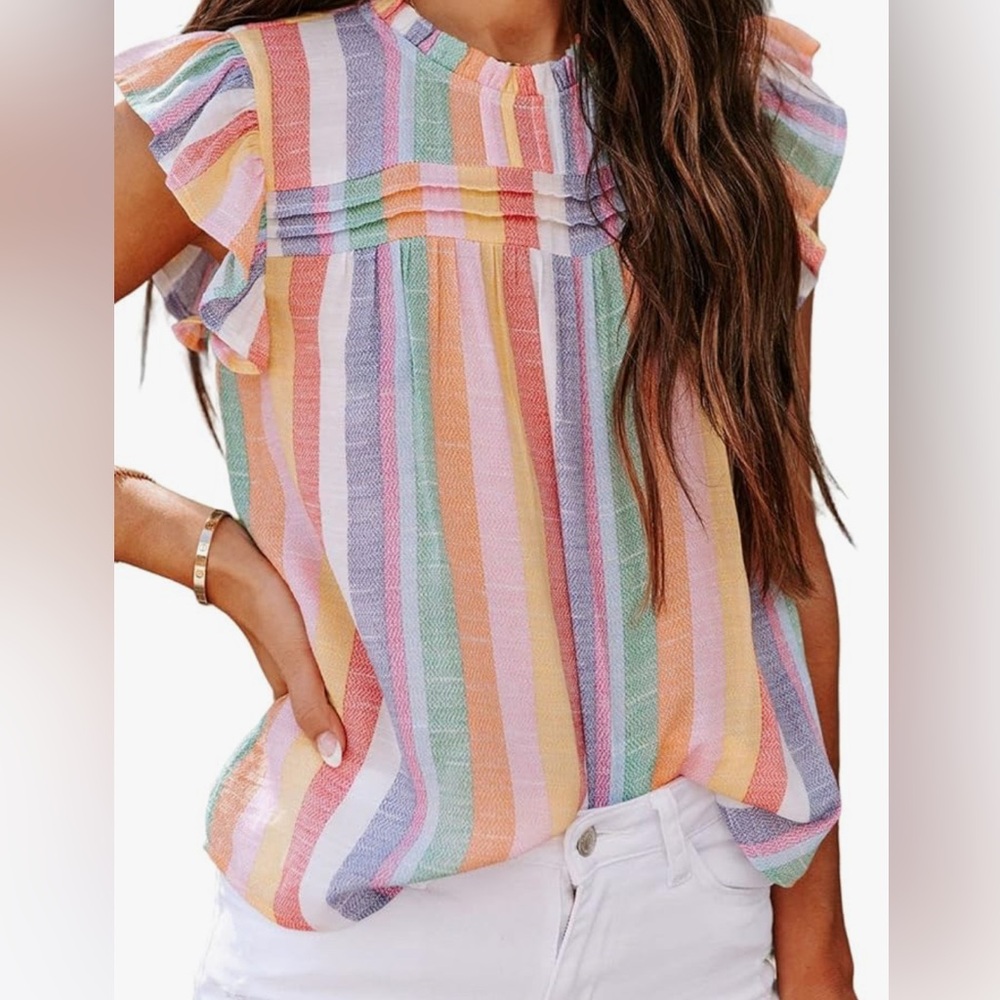 Sleeveless Striped Shirt with Ruffle Sleeves Multi-Color Size Large